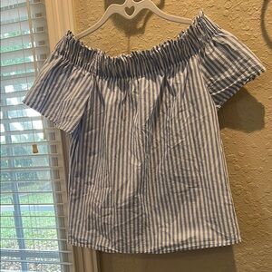 H&M Blue and White Vertical striped Blouse Chic Top Elastic Off shoulder style